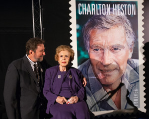 Legendary Hollywood icon and humanitarian Charlton Heston, honored as the 18th inductee into the U.S. Postal Service’s Legends of Hollywood stamp series .Fraser Clarke Heston, Charlton Heston's son  and his mother, Lydia Heston with the stamp.