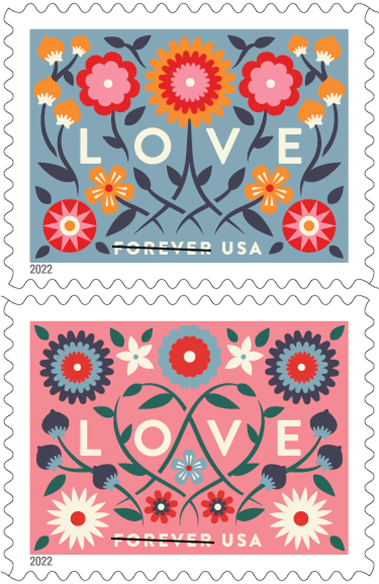 Hand-painted floral accents on colorful Love Flourishes forever stamp