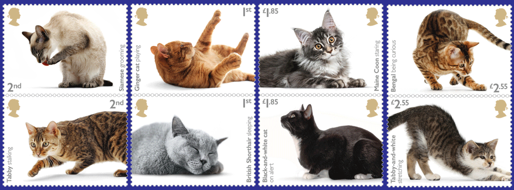 Set of eight stamps from Royal Mail shows cats doing what they do best